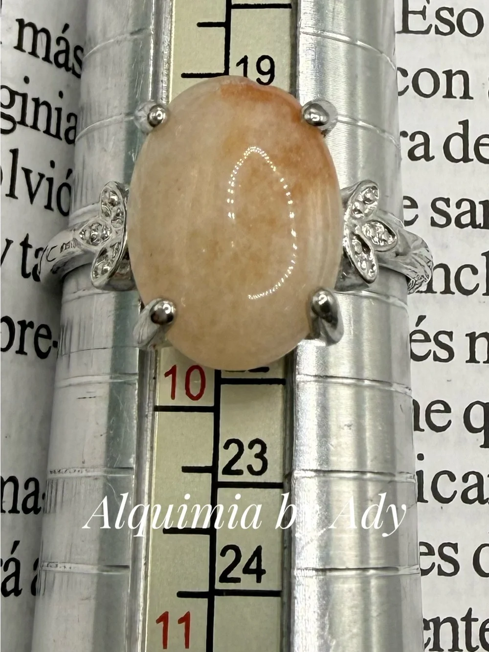 Peach Jade Oval Ring with Silver Accents